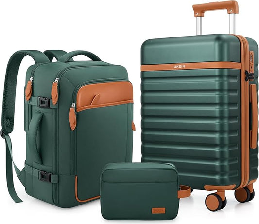 UKEIN Luggage Sets 3 Piece, PC Hardside Carry On Luggage 28Inch With Spinner Wheels with TSA Lock, Carry On Suitcase Set With Travel Backpack for Men (Green, 3 piece set (28inch))