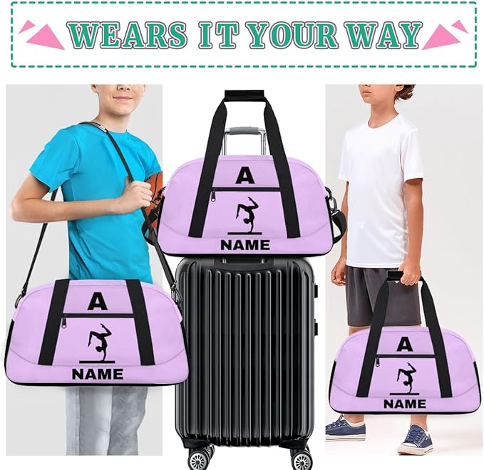 Personalize-Kids-Sports-Duffel-Bags With Custom Name Text Carry-On Overnight Travel Gym Lightweight Dance Pattern Sports Bags For Girls Boys Kids,Lilac 1