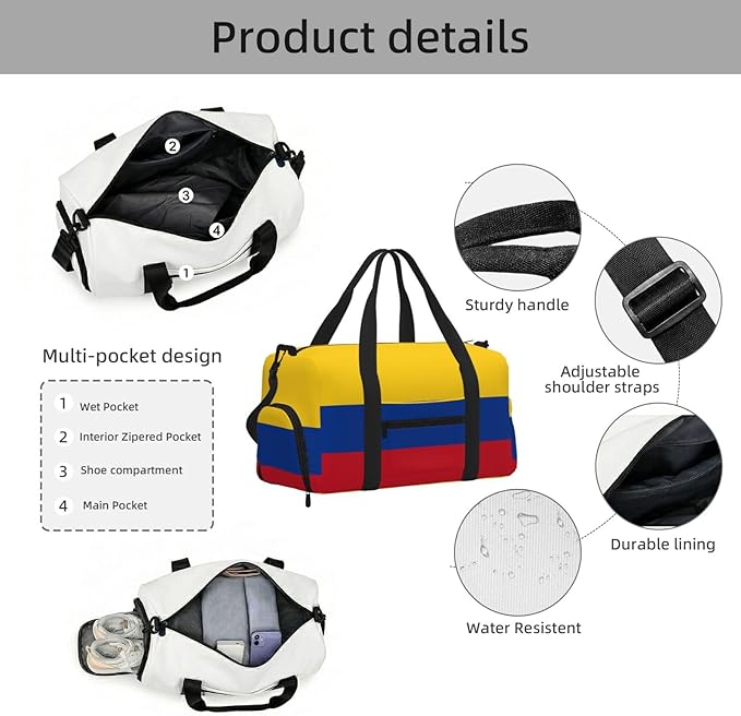 Flag of Colombia Print Gym Bag with Shoe Compartment for Women Men, 17.7in Sports Duffle Weekender Tote, Overnight Travel Duffel Bag Carry On