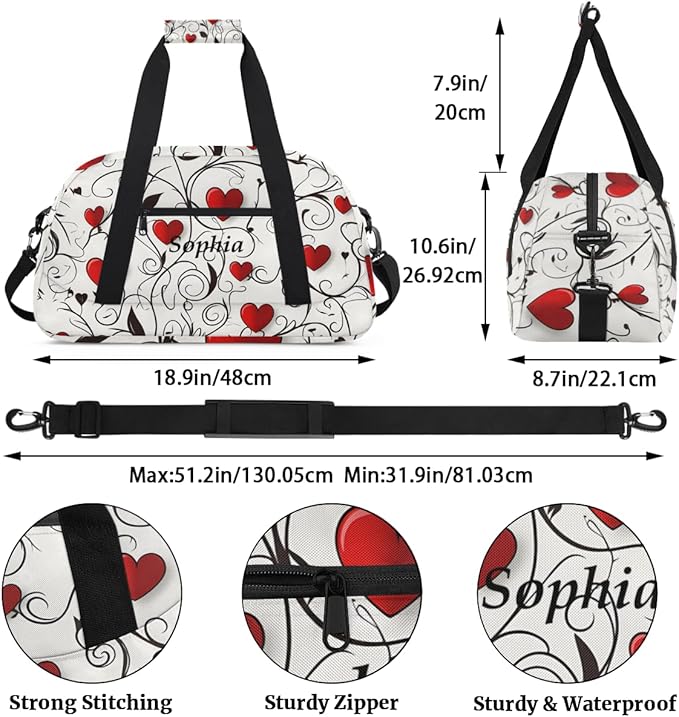Personalized Girl Gym Bags, Custom Name Sport Bags for Training Travel Overnight Weekender，Red White Heart