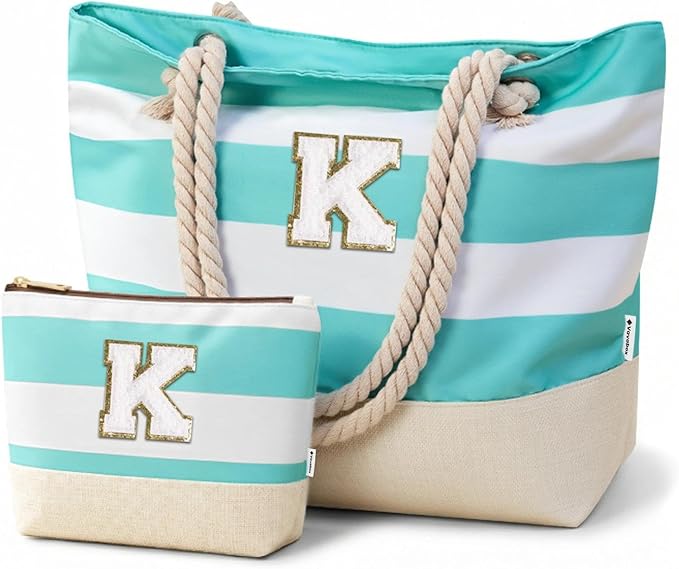 Vavabox Initial Beach Tote Bag for Women, Water-resistant Foldable Travel Beach Bag Set, Birthday Gifts for Women Mom