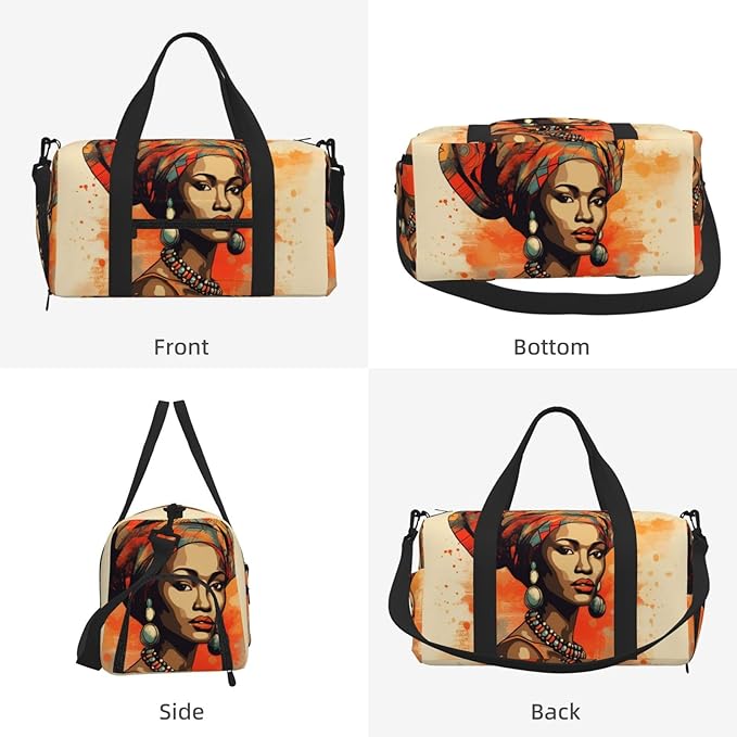Sports Gym Bag Ethnic Bohemian African Woman Art Painting Travel Duffel Bag With Shoe Compartment Shoulder Strap, Lightweight Water-Resistant Weekend Overnight Totes For Women Men