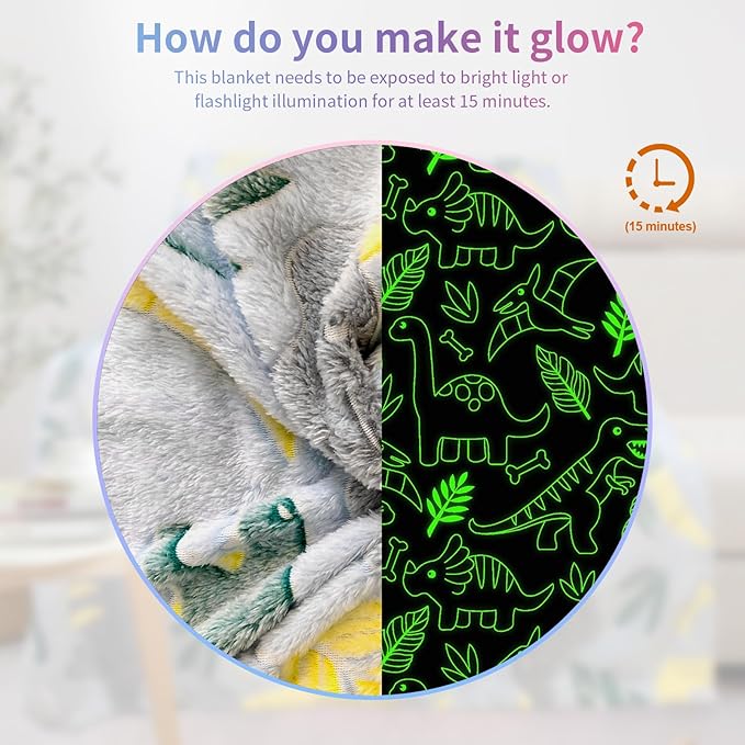 Dinosaur Glow in the Dark Blanket for Boys & Toddlers, 50"x 60" Soft Fleece Throw