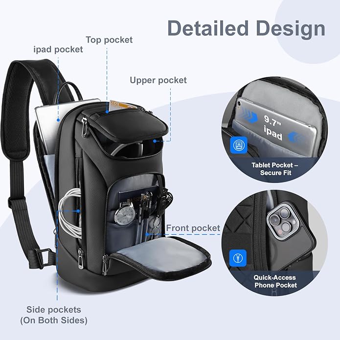 hk Sling Bag for Man, Waterproof Utility Crossbody Bag with Anti-theft Pocket for Men