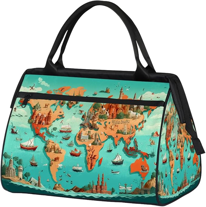 Gym Bag for Women Men, World Map Sports Duffel Bags, Waterproof Travel Weekender Overnight Carry On Tote Bags for Travel Sports