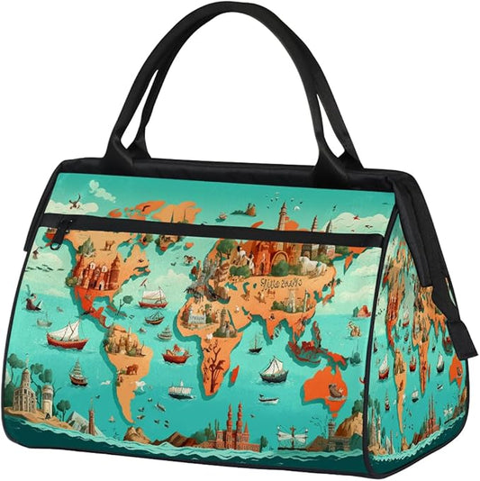 Gym Bag for Women Men, World Map Sports Duffel Bags, Waterproof Travel Weekender Overnight Carry On Tote Bags for Travel Sports