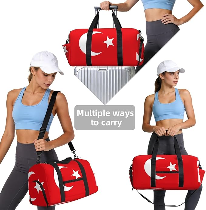 Flag of Turkey Print Gym Bag with Shoe Compartment for Women Men, 17.7in Sports Duffle Weekender Tote, Overnight Travel Duffel Bag Carry On