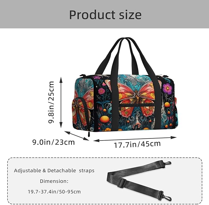 Sports Gym Bag Multicolored Butterfly Moon Flowers Travel Duffel Bag With Shoe Compartment Shoulder Strap, Lightweight Water-Resistant Weekend Overnight Totes For Women Men