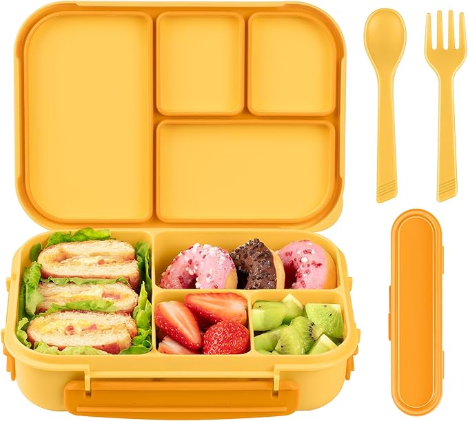 Lunch Box Kids,Bento Box Adult,Leakproof Lunch Containers for Adults/Kids/Toddler,1200ML-4 Compartments bento Lunch box with Utensil,Microwave & Dishwasher & Freezer Safe (Yellow)