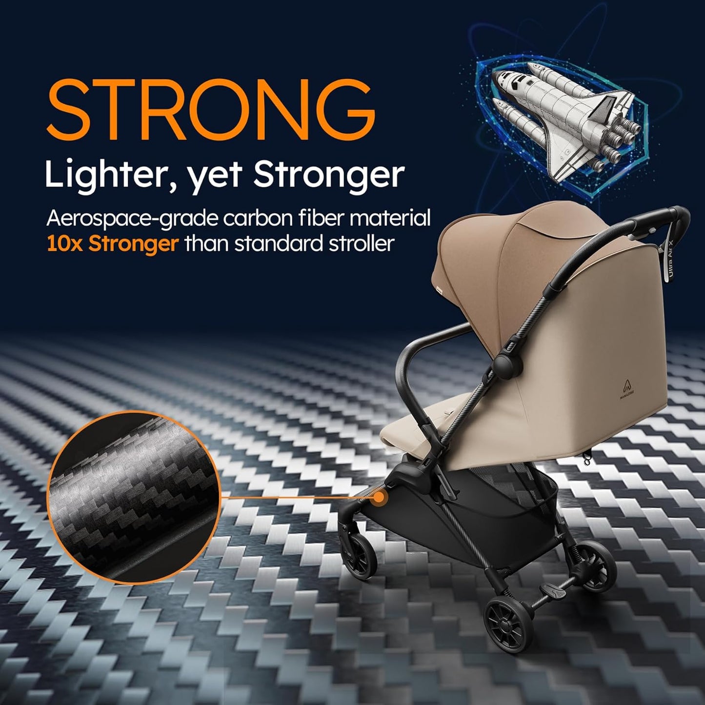 MAMAZING Ultra Air X Travel Stroller - Ultra-Lightweight Under 10 lbs, Carbon Fiber Frame & Airplane Friendly, Lightweight Stroller with Reclining Seat, UPF 50+ Canopy & Travel Bag