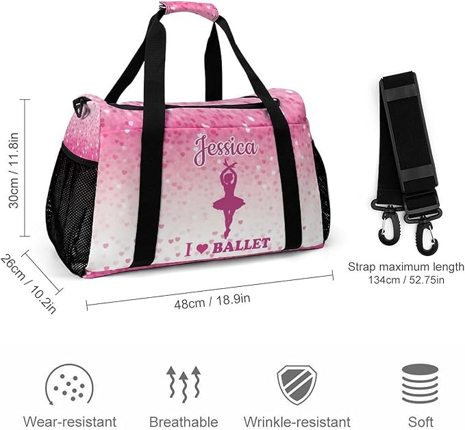 Pink Love Ballet Glitter Ombre Print Personalized Travel Bag with Name Lightweight Luggage Duffle Water-Resistant Gym Bag with Adjustable Strap for Men & Women