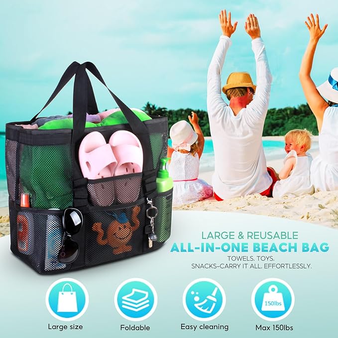 Large Mesh Beach Bag – Lightweight Beach Tote with 9 Pockets, Beach Bag for Women, Men, Family Essentials