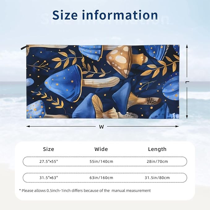 Blue Mushroomsand Sand Free Beach Towel – 31.5"X63" Quick Dry Microfiber Beach Towels for Travel, Swimming, Pool, and Camping, Absorbent and Compact Beach Essential for Women, and Men