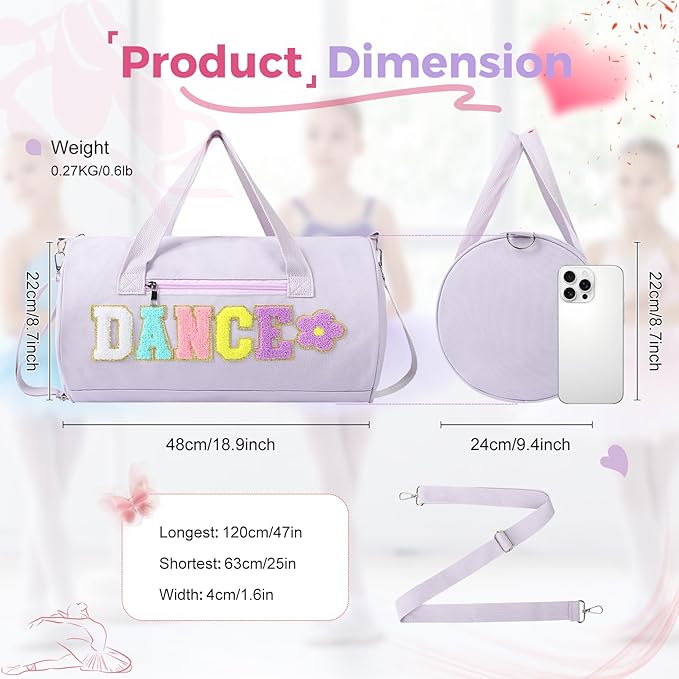 Dance Bag for Girls, KUIRAN 23L Travel Duffel Bag with Colorful Chenille Letter, Lightweight Small Gym Sport Ballet Weekender Bag with Large Main Compartment - Purple