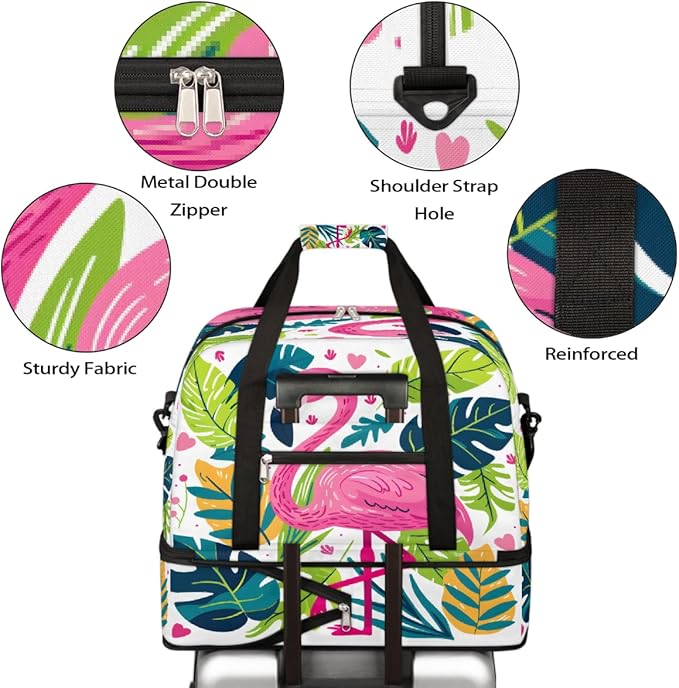 Pink Flamingo Tropical Leaves Large Weekender Bag with Shoe Compartment Travel Duffel Bags for Women Carry On Hospital Overnight Bag Foldable Personal Item Travel Bags Tote Gym Sports Airplanes