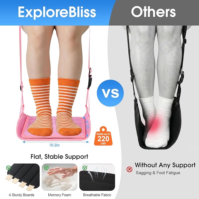 Airplane Foot Rest - Lightweight Foot Hammock for Plane Travel with Adjustable Strap & Thick Board, Tray Table Under Desk Footrest to Relax Feet, Travel Essentials for Long Flights(Pink)