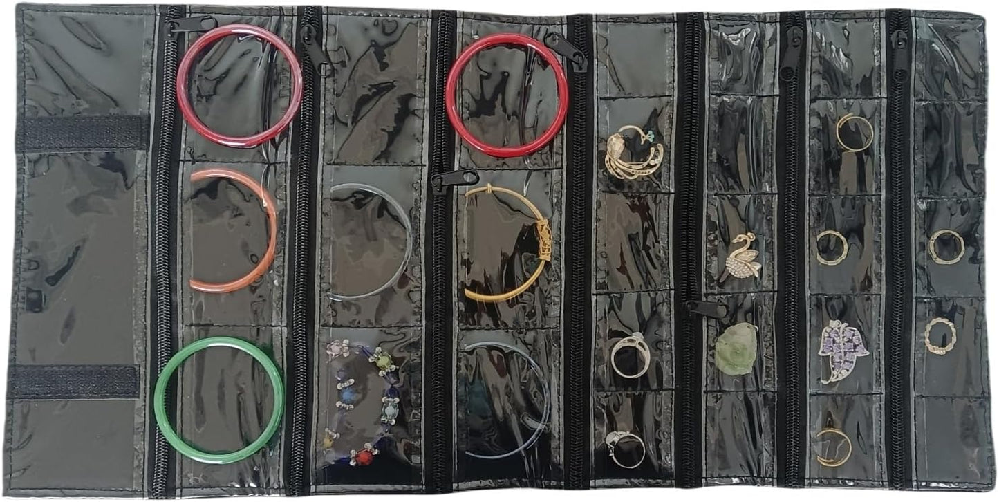 Travel Jewelry Roll Bag Portable Organizer Pouch With Grids&PVC Cover Storage Bags for Necklace, Bracelet, Bracelet,Ring, Badge, Pendant