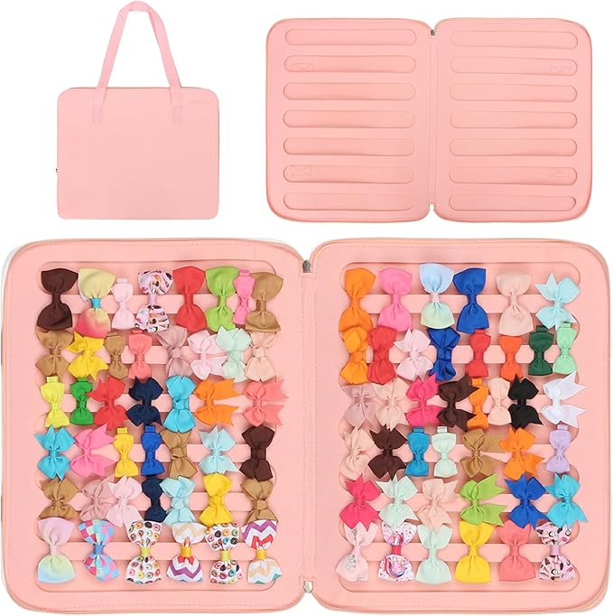PACMAXI Baby Girl Hair Bow Organizer, Felt Hair Clips Storage Bag, Large Capacity with Handle, Portable Hanging Organizer for Travel & Home (Pink)