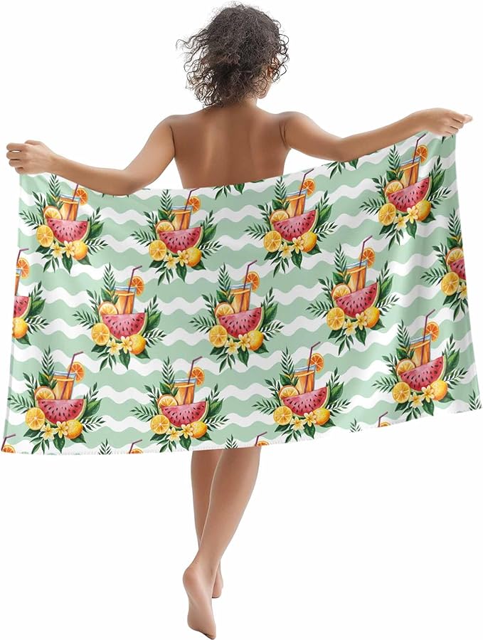Summer Lemon Watermelon Beach Towel 30" x 60" Tropical Plants Quick Dry Sand Free Pool Towels Green Waves Stripes Soft & Absorbent Compact Towels Beach Accessories for Travel Bathroom Swimming Pool