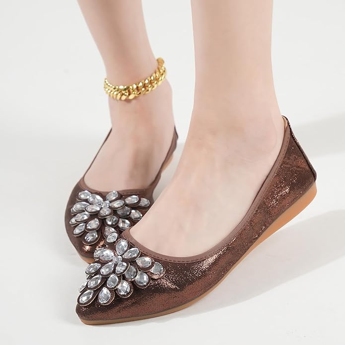 Flats Shoes for Women Rhinestone Wedding Ballerina Shoes Foldable Sparkly Comfort Slip on Flat Dressy Flats