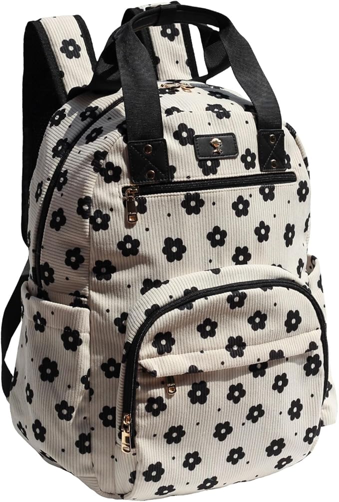 Diaper Bag Backpack, Large Capacity Multifunction Baby Essentials Fashion Travel Pack Linen Canvas office Laptop Bag (Corduroy Black Flower)