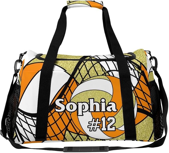 Custom Volleyball Orange Gold Duffel Bag with Name Personalized Travel Bags Sport Gym Bag Carry On Weekender Bags for Men Women