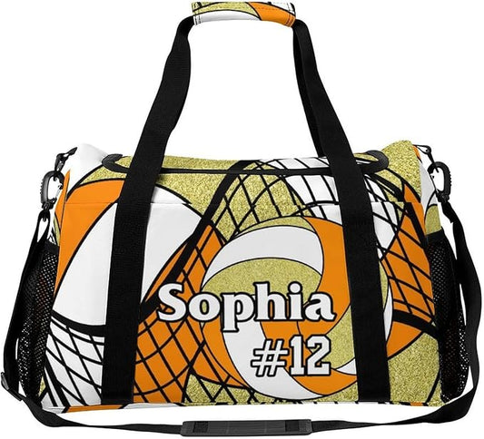 Custom Volleyball Orange Gold Duffel Bag with Name Personalized Travel Bags Sport Gym Bag Carry On Weekender Bags for Men Women