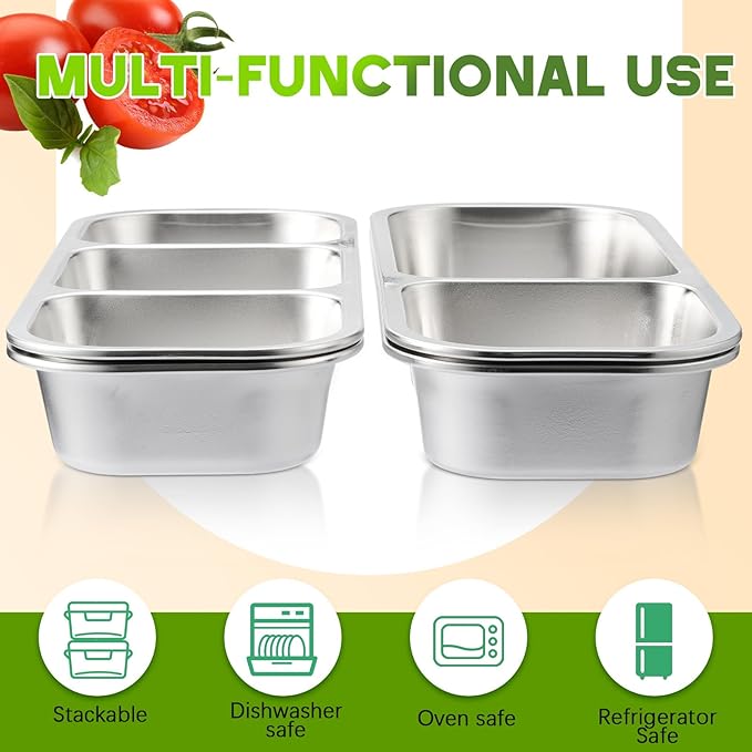 4 Pcs 304 Stainless Steel Lunch Containers Bento Boxes 38oz Salad Multipurpose with 3 and 2 Compartments Winter Party Reusable Large Box with Lids Divided Containers for Snack Dip Sandwich (Yellow)
