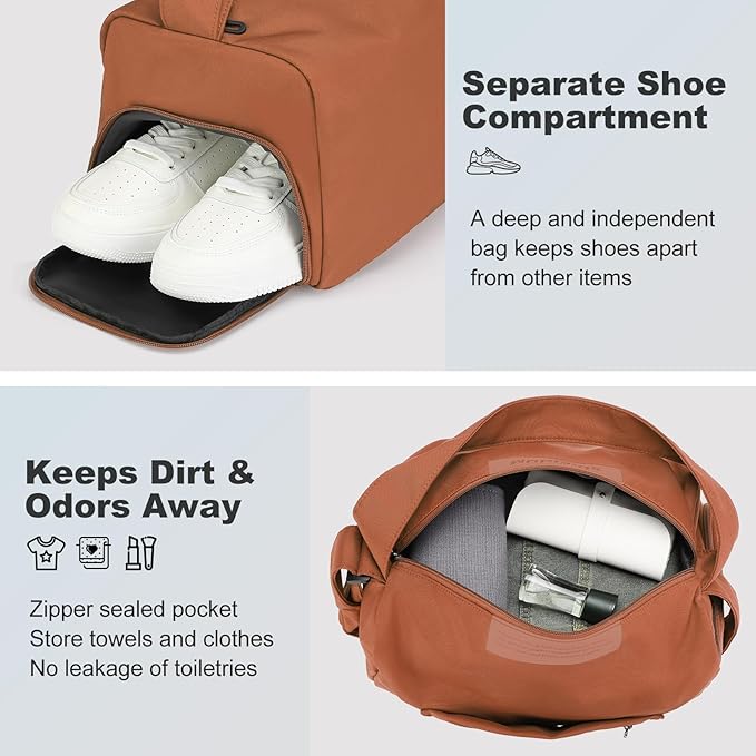 Women's Mini Gym Bag Crossbody, Everyday Sling Duffel with Shoe Compartment & Wet Pocket, Water-Resistant Travel Bag, Rust Orange