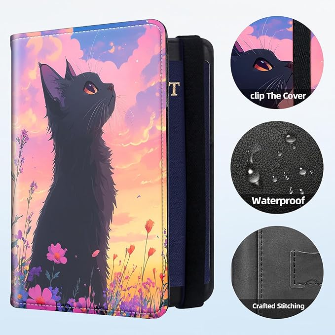 Passport Holder for Travel, RFID Blocking Passport Holder Travel Walle, Passport and Vaccine Card Holder, Vacation Must Haves Travel Accessories for Men Women, Cat's Sunset Gaze