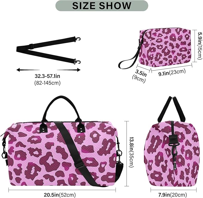 Travel Duffle Bag, Leopard Rose Purple Pink Pattern Gym Bag with Storage Bag Weekender Overnight Bag for Men Women Trip Sports Yoga