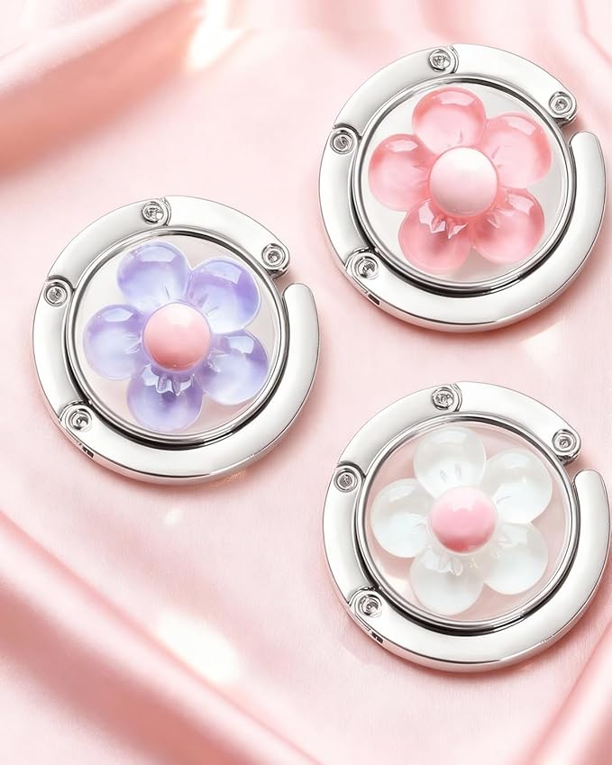 3 Pack Cute Flower Foldable Handbag Hanger Holder, Folding Hooks for Womens Bag Purse Table Hook