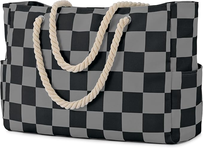 Becokan Beach Bags for Women Checkered Large Beach Tote Bag Zipper Beach Bags Waterproof Sandproof Canvas Swim Pool Bag