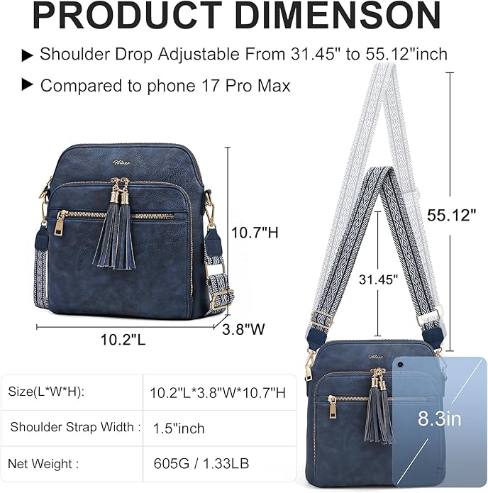 Women's Leather Crossbody Bags Anti Theft Purses RFID Blocking Handbags Trendy Travel Adjustable Strap Tassel