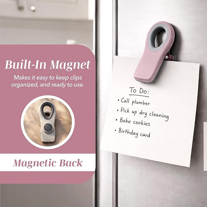 COOK WITH COLOR Bag Clips with Magnet- Food, Chip, Bag for Food Storage with Airtight Seal Grip for Bread, Snack and Food Bags (Pink, Pack of 10)