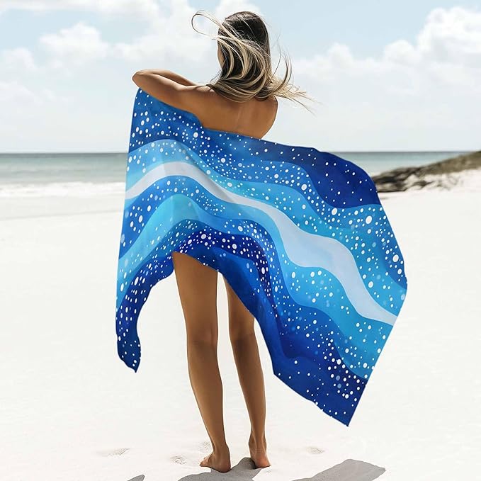 Blue Waves Stripes Beach Towel 30" x 60" White Polka Dots Abstract Watercolor Art Quick Dry Sand Free Pool Towels Soft & Absorbent Compact Towels Beach Accessories for Travel Bathroom Swimming Pool