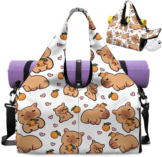 Capybara Workout Bag for Women with Yoga Mat Holder and Shoe Compartment White Gym Bag Waterproof Gym Duffel for Swimming, Stylish Fitness Duffel Bag