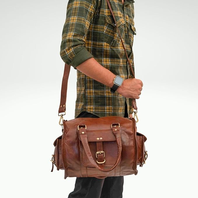 Genuine Leather Gym Duffle Bag – Stylish Weekender Travel Bag for Men & Women, Durable Duffel with Adjustable Shoulder Strap for Gym, Weekend & Travel Use
