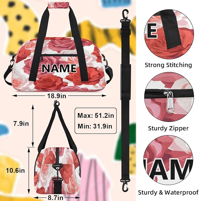 Floral Mini Gym Bag 18 inch for Women Men Waterproof Custom Red and Pink Rose Flowers Travel Duffel Bag Carry On Overnight Tote Nurse Bag for Work Fitness Hiking