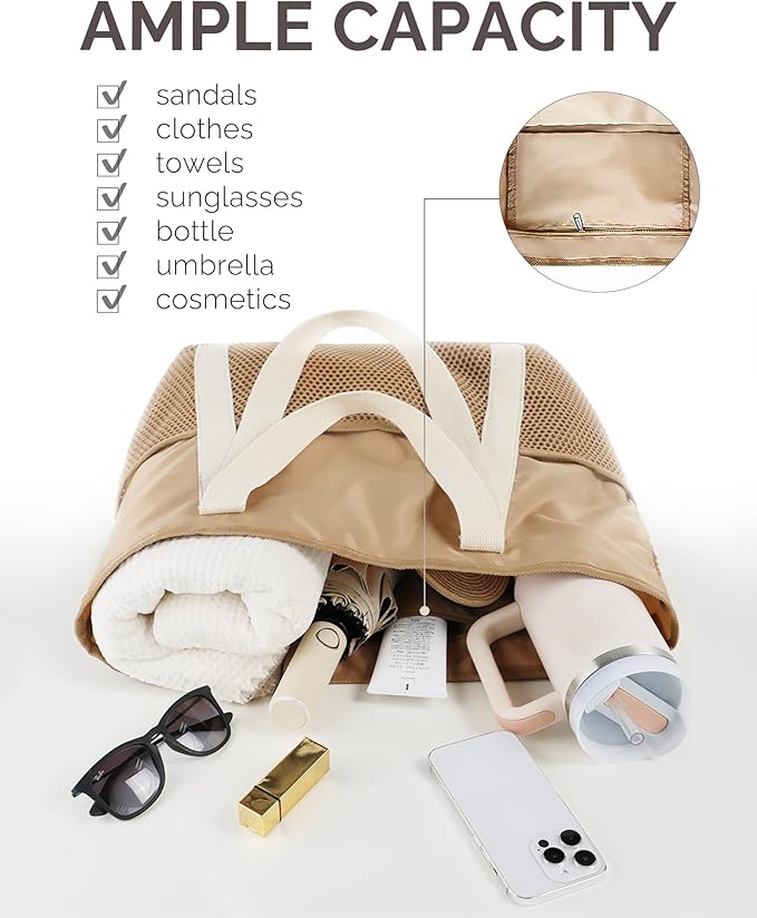 HOMESPON Beach Bag Large Waterproof Sandproof Foldable Tote for Women with Zipper Mesh Pockets for Pool Swim Travel Everyday