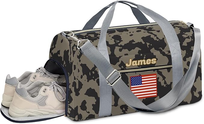 Personalized Tactical Gym Bag For Men，Custom Travel Duffel Bag with Name，Sports Workout Travel Bag with Shoes Compartment-Camouflage flag