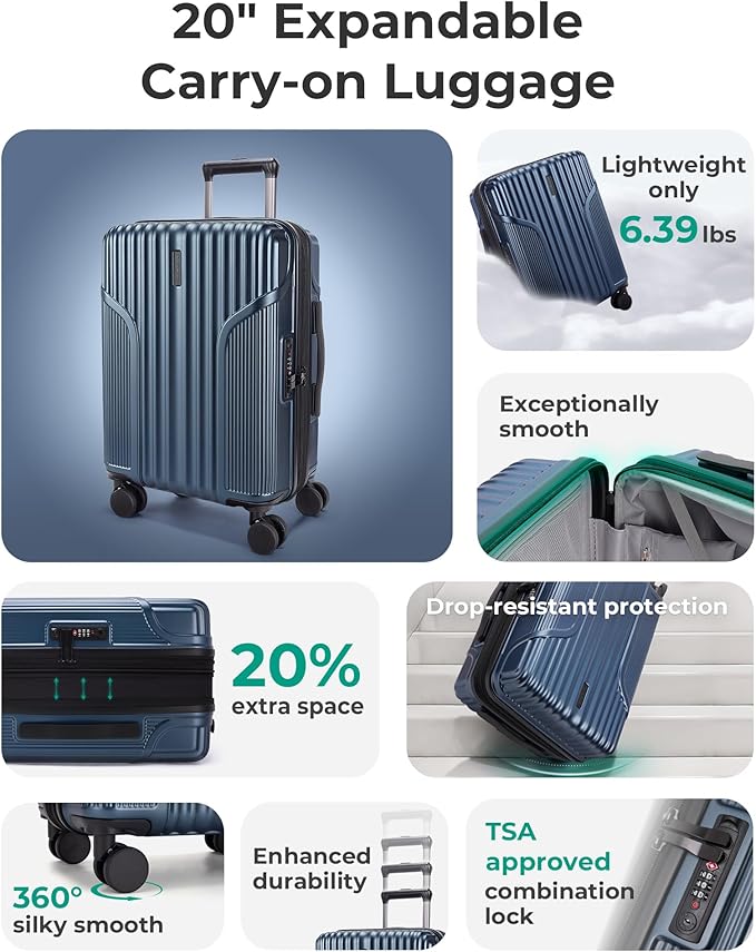 BAGSMART Carry On Luggage 22x14x9 Airline Approved, Lightweight luggage with Spinner Wheels, 20 Inch Expandable Hardside Carry On Suitcase with TSA Lock Rolling Travel suitcase Carry-On, Dark Blue