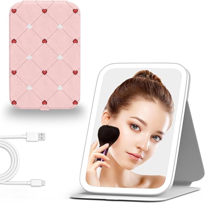 Mocado Travel Makeup Mirro with Lights, 360° Rotation Lighted Makeup Mirror, Portable Mirror with 10x Magnification, 60LEDs 3 Color Lightings, Dimmable Touch Screen, Tabletop Light up(Heart)