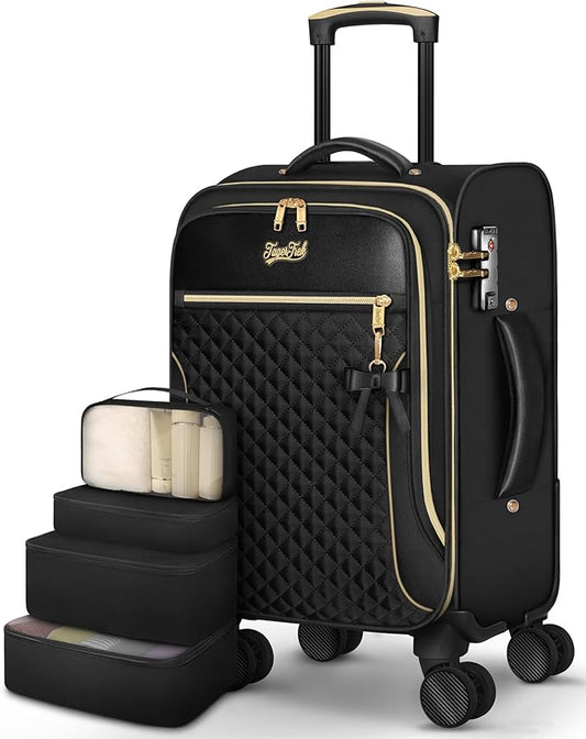 Carry On Luggage 22x14x9 Airline Approved, 20 Inch Softside Suitcase with 4 Pcs, Lightweight Luggage for Women with TSA Lock and 4 Spinner Wheels, Soft Side Carry-on Suitcases for Travel, Black