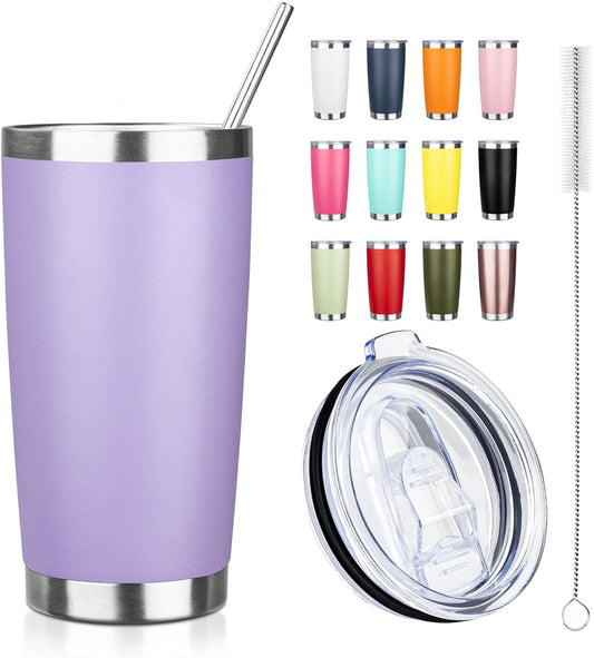 20oz Tumbler with Straw and Brush, Stainless Steel Vacuum Insulated tumbler, Double Wall Insulated Coffee Tumbler for Outdoor, Home, Travel,Office (Lilac,1pcs)