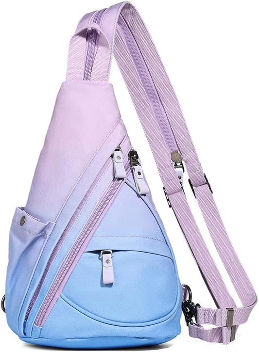 KL928 Canvas Sling Bag - Small Crossbody Backpack Shoulder Casual Daypack Rucksack for Men Women(Large Version,PalePurple+SkyBlue)