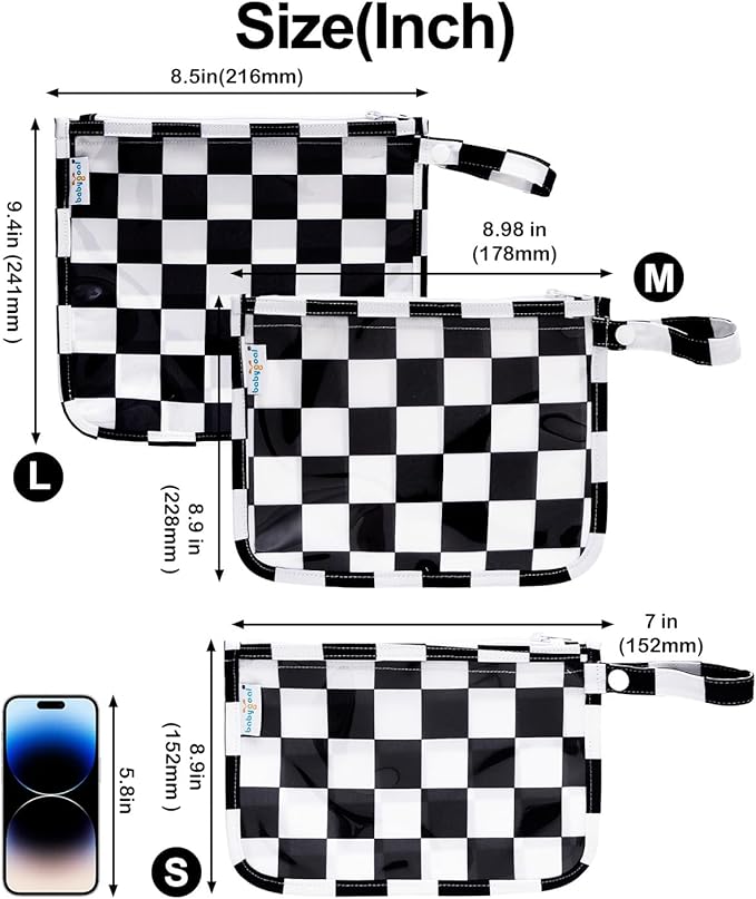 babygoal Clear Travel Organizer Bags 3 Pack, TSA Approved Mess-Proof Pouches with Snap Handle, Water-Resistant Toiletry Essentials for Baby & Mom (Black Plaid)