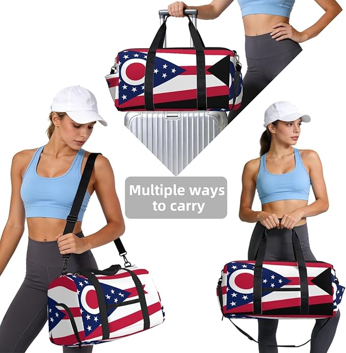 Ohio State Flag Print Gym Bag with Shoe Compartment for Women Men, 17.7in Sports Duffle Weekender Tote, Overnight Travel Duffel Bag Carry On