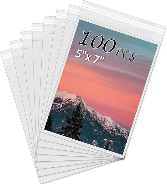 Acid-Free Picture Sleeves, 100Pack Crystal Clear Storage Bags for 5x7 Art Prints, Pictures, Photos, Frame Mats (Bag Size: 5 1/2" x 7 1/2")