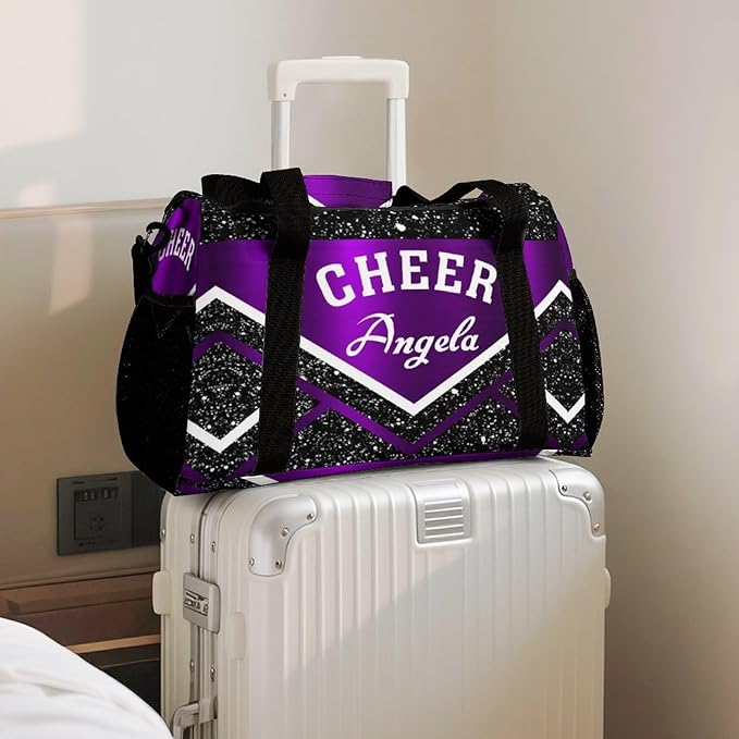Custom Cheerleader Purple Cheering Black White Duffel Bag with Name Adjustable Shoulder Strap Pack Handheld Crossbody Travel Bag for Teens Men Women